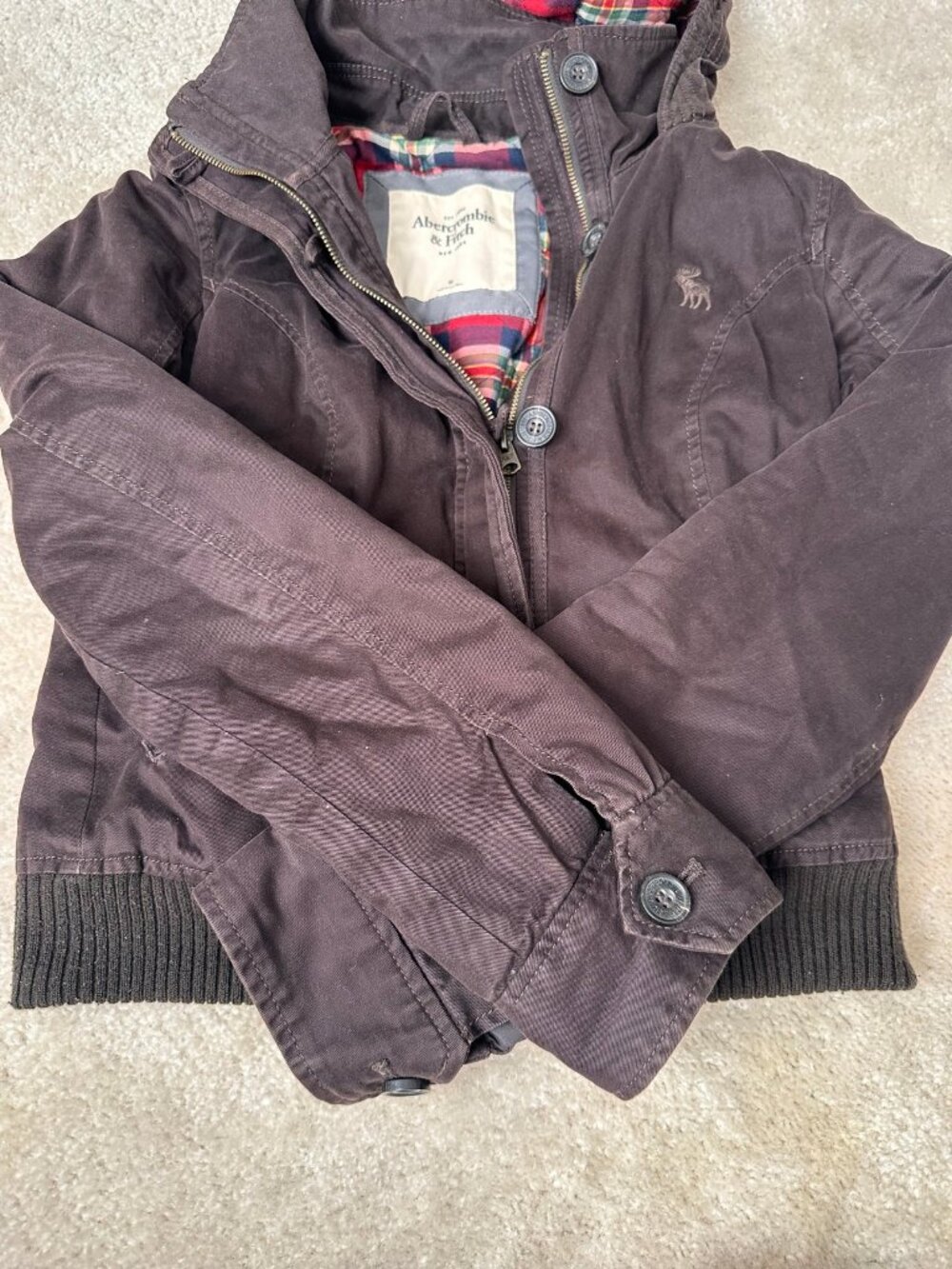 Abercrombie & Fitch Women's Brown Cotton Hooded Jacket Plaid Lined Size M